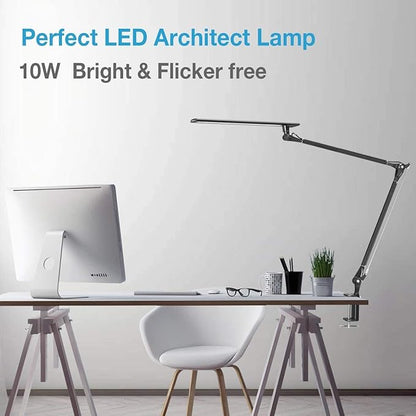 PHIVE LED Desk Lamp, Architect Task Lamp, Metal Swing Arm Dimmable Drafting Table Lamp with Clamp (Touch Control, Eye-Care Technology, Highly Adjustable Office, Craft, Studio, Workbench Light) Black