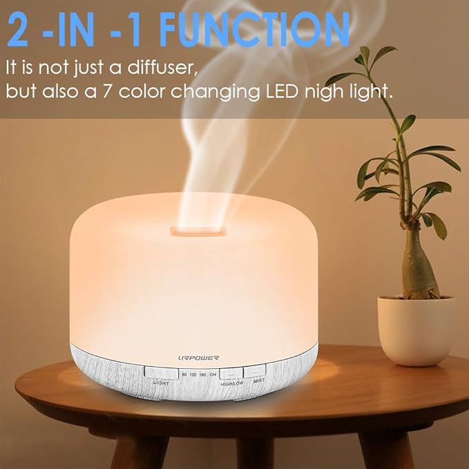 URPOWER 500ml Essential Oil Diffuser, Aromatherapy Diffusers for Essential Oils with Adjustable Mist Mode/4 Timer Settings Large Room Cool Mist Humidifier Air Diffuser for Home Office Study Yoga Spa