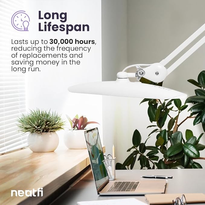 Neatfi XL 2,200 Lumens Adjustable LED Desk Lamp & Task Lamp - Bright, Dimmable Lighting for Office, Crafts, Nails & Hobbies with Clamp (Non-CCT, White)