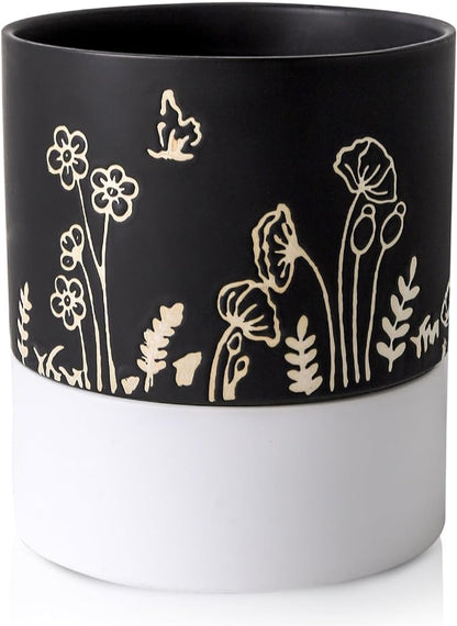 Nihow Self Watering Plant Pot: 6 Inch Ceramic Planter with Drainage Hole & Water Storage Plus for Indoor & Outdoor Plants - Cylinder Round Flower Pot for Succulent/Herbs/Violets -Black