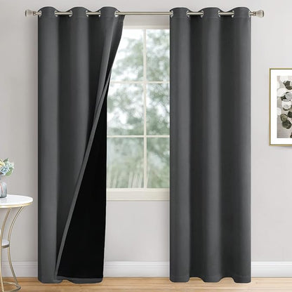 Dark Grey Blackout Curtains 84 Inch Length 2 Panels Set for Living Room, Thermal Insulated 100% Light Blocking Soundproof Grommet Window Curtains for Bedroom with Black Liner, Each 42 Inch Wide