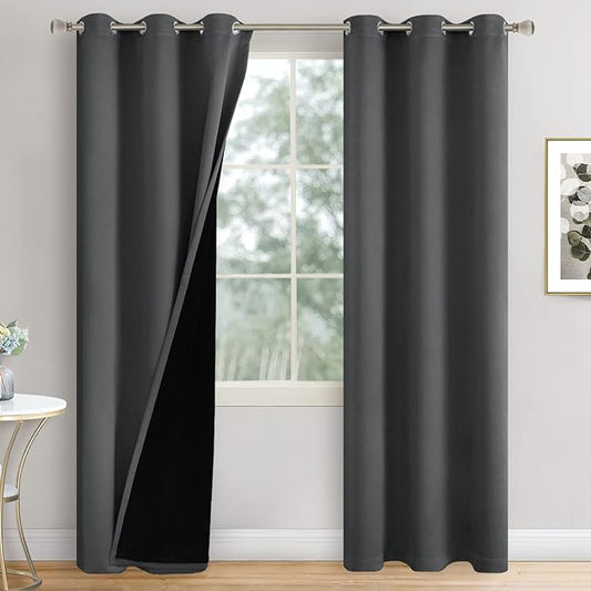 Dark Grey Blackout Curtains 84 Inch Length 2 Panels Set for Living Room, Thermal Insulated 100% Light Blocking Soundproof Grommet Window Curtains for Bedroom with Black Liner, Each 42 Inch Wide