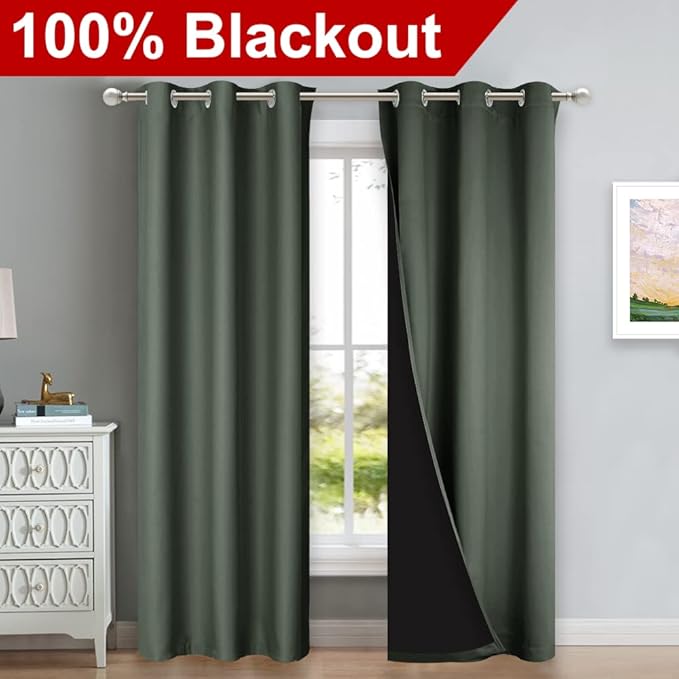 NICETOWN Dark Mallard Blackout Curtains 84 inches Long, Full Light Blocking Drapes with Black Liner for Nursery, Thermal Insulated Draperies for Hall, Villa (2 Pieces, 42" Wide Each Panel)