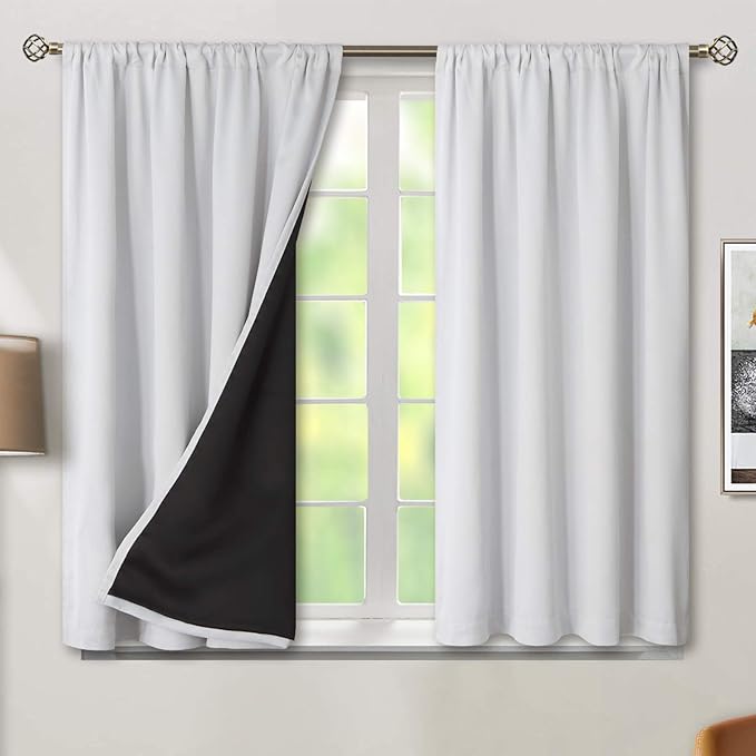 BGment Blackout Curtains for Bedroom 45 Inch Length, Rod Pocket 100% Blackout Curtains with Thermal Liner Darkening Curtains for Living Room, Each Drapes 2 Panels, 42 x 45 Inch, Greyish White