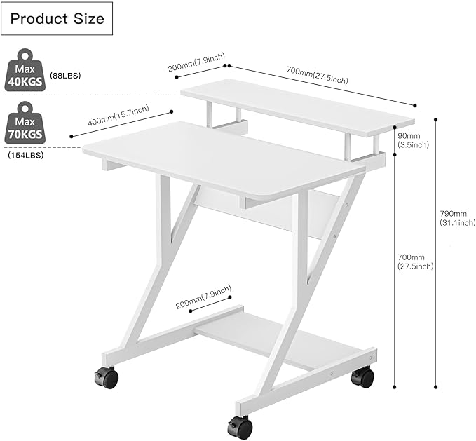 Dripex Computer Desk for Small Spaces, 27.5 inch Small Computer Desk, 3 Tier Compact Desk with Monitor Shelf and Bottom Storage Shelves, Space Saving Desk, White