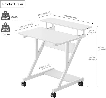 Dripex Computer Desk for Small Spaces, 27.5 inch Small Computer Desk, 3 Tier Compact Desk with Monitor Shelf and Bottom Storage Shelves, Space Saving Desk, White