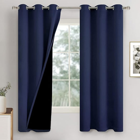 Navy Blue Blackout Curtains for Bedroom 63 Inch Length 2 Panels Set, Thermal Insulated 100% Light Blocking Soundproof Grommet Window Curtains for Living Room with Black Liner, Each 42 Inch Wide