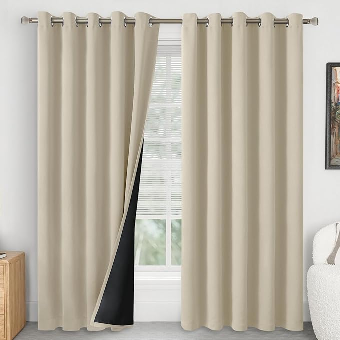 Extra Wide 100% Blackout Curtains 84 Inch Length 2 Panels for Living Room, Thermal Insulated Total Light Blocking Soundproof Floor Length Curtains for Bedroom Window, Each 60 Inch Wide, Beige