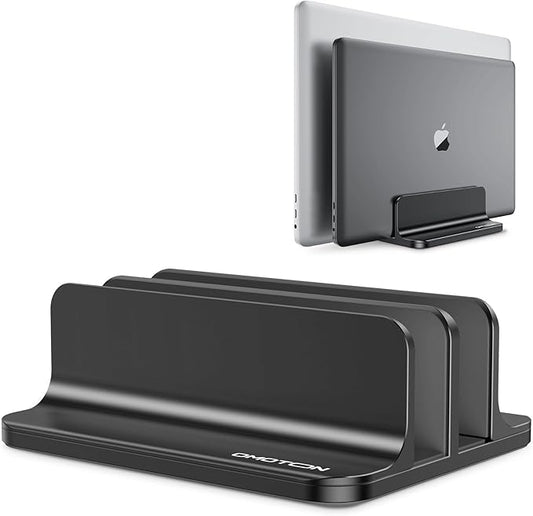 OMOTON [Updated Dock Version Vertical Laptop Stand, Double Desktop Stand Holder with Adjustable Dock (Up to 17.3 inch), Fits All MacBook/Surface/Samsung/HP/Dell/Chrome Book (Black)