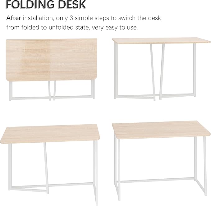 4NM 39.4" Small Folding Desk, Simple Assembly Computer Desk Home Office Desk Study Writing Table for Small Space Offices - Natural and White