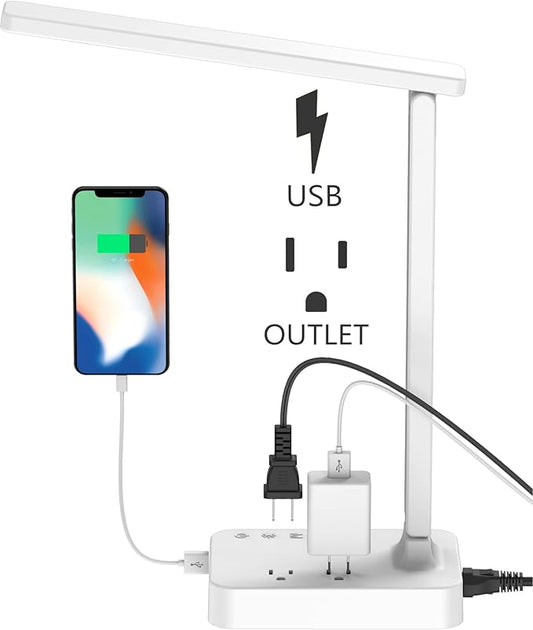 Drevet LED Desk Lamp, Desk Light with 1 USB Charging Port and 2 AC Power Outlet, 3 Lighting Modes, 3 Level Brightness,1H Timer, Touch Control, Eye-Caring Home Office Foldable Table Lamp (White)