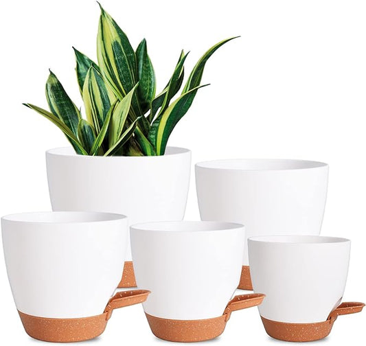 Plant Pots for Indoor Plants 5 Pack Self Watering Planters, 7/6.5/6/5.5/5 Inch Self Watering Pots with Drainage Hole Plastic Flower Pot for Herbs, Succulents, African Violet (White)