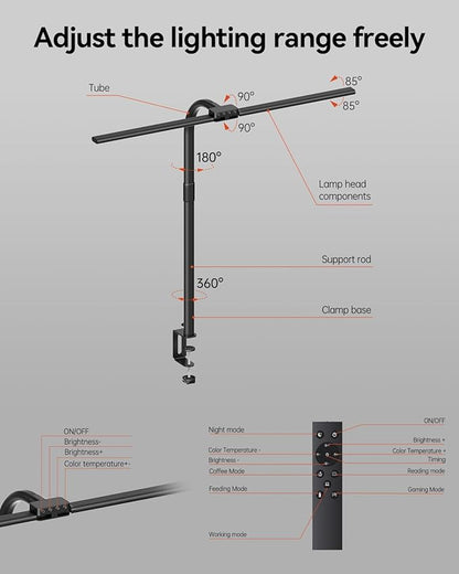 AUSDOM LED Desk Lamp for Home Office with USB Charing Port, Architect Desk Lamp with Clamp, 24W Ultra Bright Auto Dimming Desk Light with 5 Light Colors, Dimming Touch for Reading, Crafting, Gaming