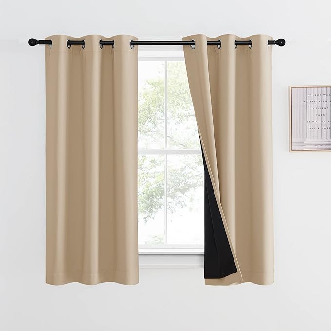 NICETOWN Warm Curtains for Winter, Bedroom Full Blackout Curtain Panel, Great Job for Blocking Light, Complete Blackout Drapery with Black Liner for Night Shift (Biscotti Beige, 1 Panel, 42 by 54)