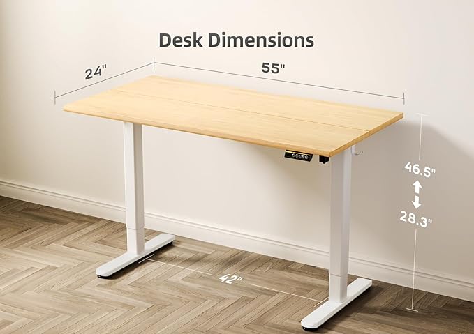 Bamboo Electric Standing Desk, Adjustable Height Stand up Desk, 55x24 Inches Sit Stand Home Office Desk with Splice Board, White Frame/BambooTop