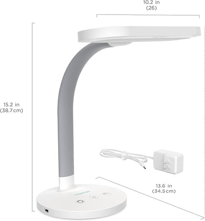 Verilux HappyLight Duo - 2-in-1 Light Therapy & Task Desk Lamp - UV-Free Full Spectrum LED, 10,000 LUX, Adjustable Brightness and Color, Flexible Gooseneck, and Integrated USB Charging Port