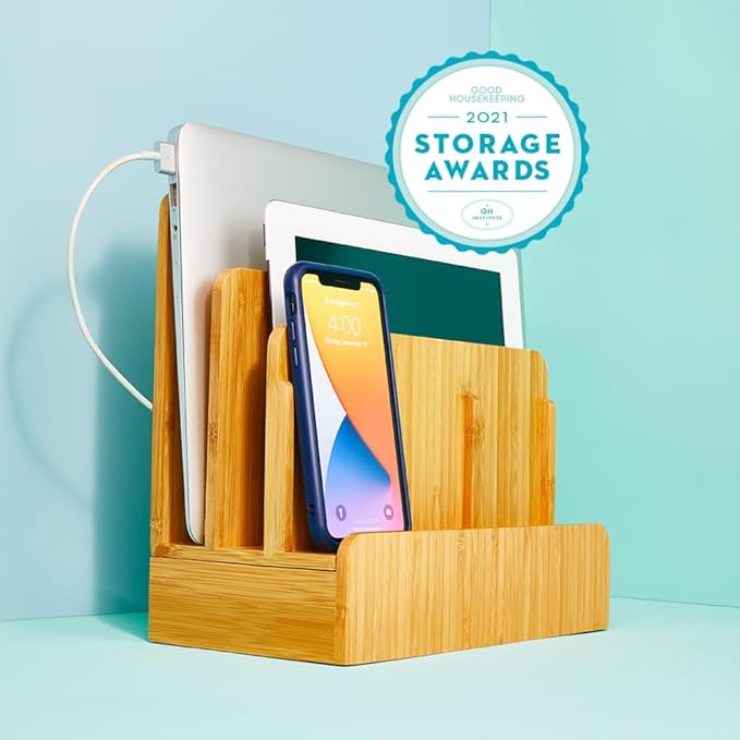 Great Useful Stuff G.U.S. Multi-Device Charging Station Dock & Organizer - Multiple Finishes Available. for Laptops, Tablets, and Phones - Strong Build, Eco-Friendly Bamboo