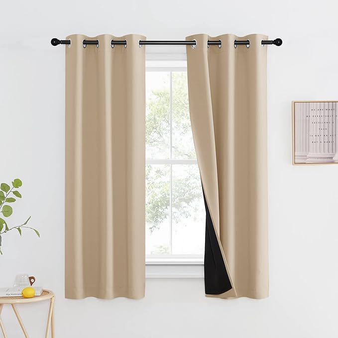 NICETOWN Bedroom Full Blackout Curtain Panel for Shack, Super Thick Insulated Window Cover, Complete Blackout Drapery with Black Liner for Small Window(Biscotti Beige, 1 PC, 37 by 63-inch)