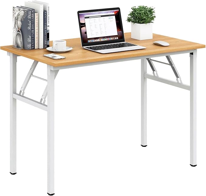 Need Folding Desk for Home Office 39-3/8 inch Length Modern Folding Table Computer Desk No Install Needed Teak Color Desktop White Frame AC5BW(100 * 60)