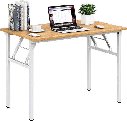 Need Folding Desk for Home Office 39-3/8 inch Length Modern Folding Table Computer Desk No Install Needed Teak Color Desktop White Frame AC5BW(100 * 60)