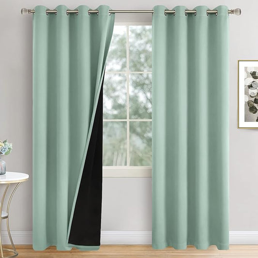 Frosty Green Blackout Curtains for Bedroom 84 Inch Length 2 Panels, Thermal Insulated 100% Light Blocking Soundproof Grommet Window Curtains for Living Room with Liner, Each 52 Inch Wide