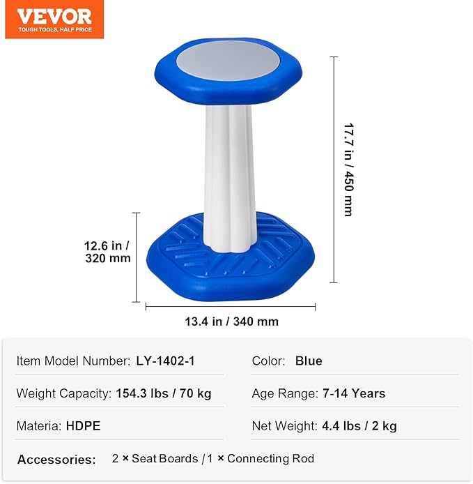 VEVOR Kids Wobble Chair (17.7-inch High), Active Chair with Sponge Cushion, Wobble Stool Improves Focus, Posture and Calm Children, Ideal for Schools and Home, Age 7-14, Blue