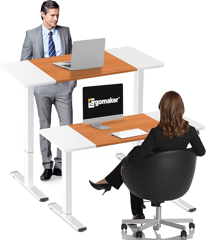 Electric Standing Desk, 55" x 23.6" Height Adjustable Sit Stand Desk with Splice Board for Home Office, Computer Desk Memory Preset (White Frame, White & Cherry Desktop)