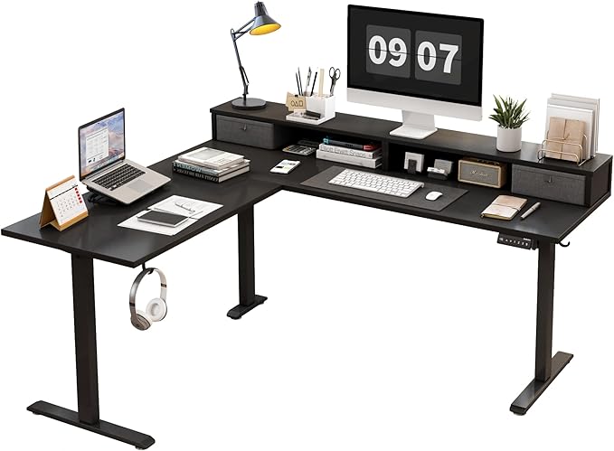 Agilestic L Shaped Electric Standing Desk with 2 Drawers, 63 Inch Ergonomic Adjustable Height Desk with Storage, Corner Desk Sit Stand up Computer Table for Work Office Home, Black