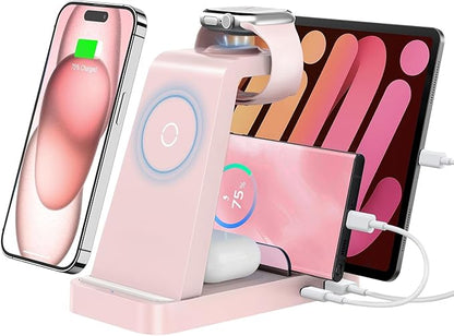 Wireless Charger for iPhone - 5 in 1 Charging Station for Multiple Devices Apple: Fast Wireless Charging Stand Dock for iPhone 16 15 14 13 12 Pro Max Apple Watch (Pink)