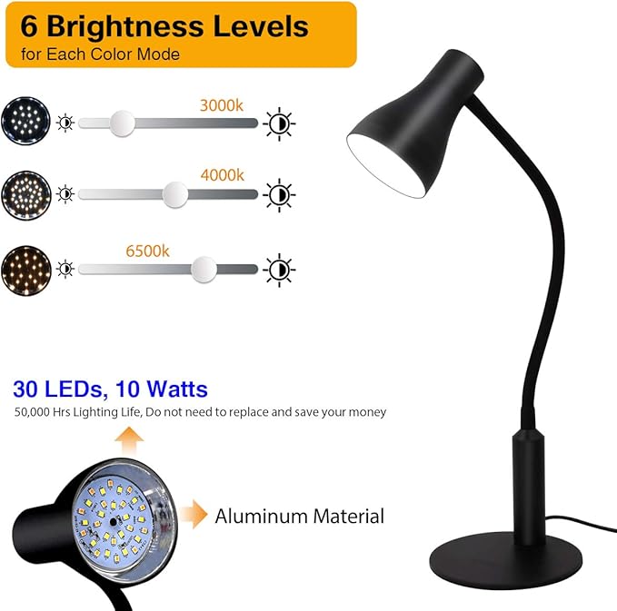 LED Desk Lamp, 3 Lighting Modes and 6 Brightness Levels, 10W Flexible Gooseneck Table Lamp for Living Room and Study, Remote Control with Timing Function, AC Adapter Included (Black)