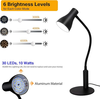 LED Desk Lamp, 3 Lighting Modes and 6 Brightness Levels, 10W Flexible Gooseneck Table Lamp for Living Room and Study, Remote Control with Timing Function, AC Adapter Included (Black)