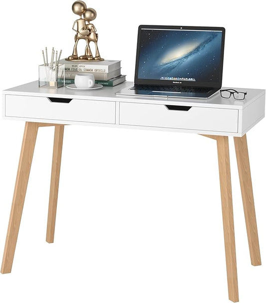 FOTOSOK White Computer Writing Desk with 2 Drawers, Small Desk Makeup Vanity Table Wood Desk with 4 Oak Legs, Modern Home Office Desk Console Study Table