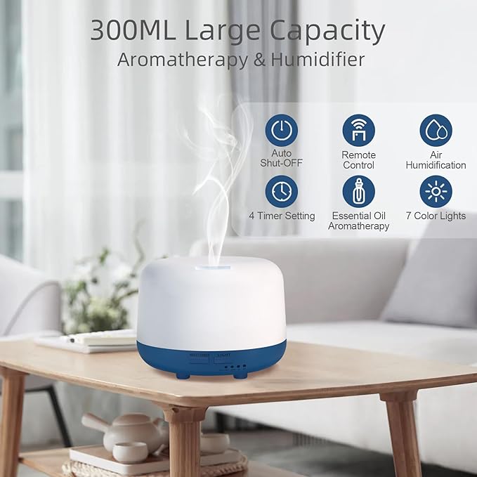 300ML Essential Oil Diffuser with Remote Control, 7 LED Color Changing Light,Ultrasonic Cool Mist Scent Humidifier