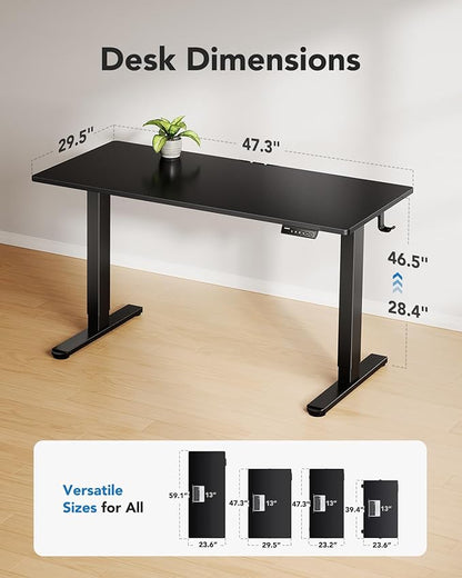 HUANUO Electric Standing Desk, 48" x 30" Whole Piece Desktop, Adjustable Height Computer Desk, 4 Height Memory Settings, Sit Stand Up Desk for Home Office, Black