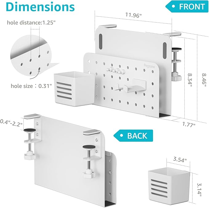 Desk Side Storage Organizer, No Drill Under Desk Laptop Holder, Clamp on Desk Shelf with Pegboard Accessories, Hanging Laptop Mount, Fits Flat Edge Desks 0.4" to 2.2", White