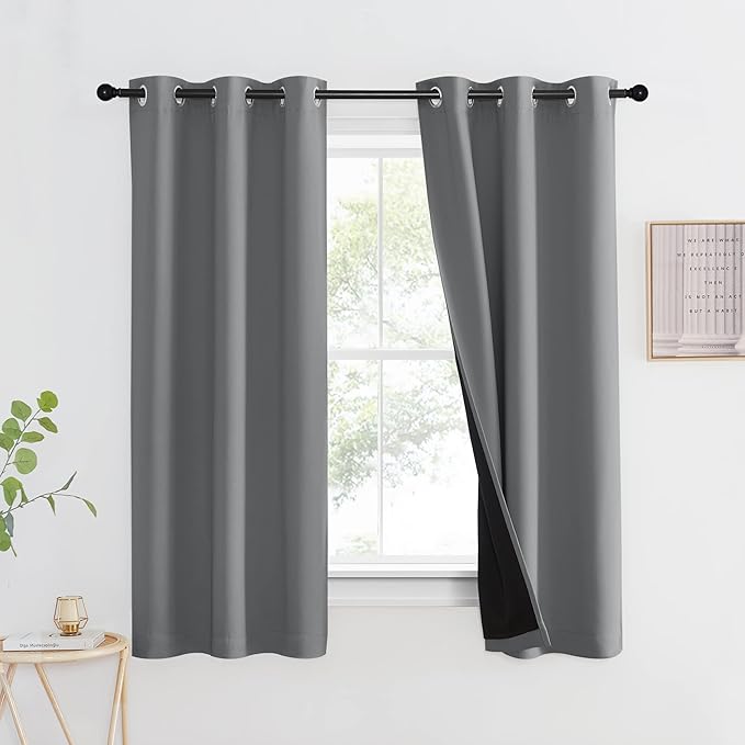 NICETOWN 100% Blackout Curtain with Black Liner, Thermal Insulated Full Blackout 2-Layer Lined Drape, Energy Efficiency Window Drapery for Bedroom (Silver Grey, 1 Panel, 42-inch W by 63-inch L)