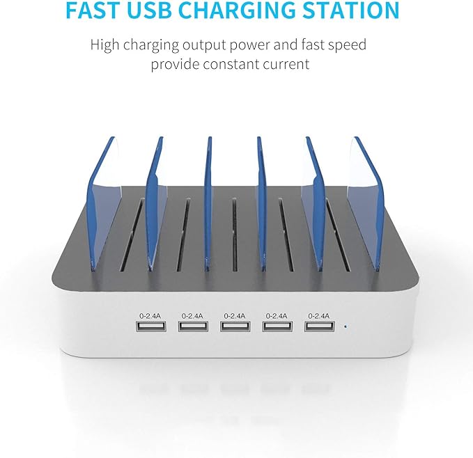 Charging Station for Multiple Devices, MSTJRY 5 Port Multi USB-A Charger Station with Power Switch Designed for iPhone iPad Cell Phone Tablets (White, 6 Mixed Short Cables Included)