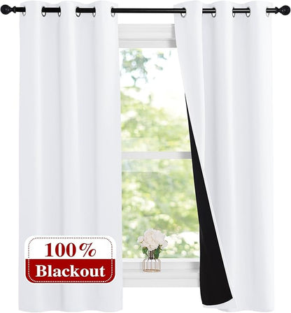 NICETOWN Pure White 100% Blackout Lined Curtains, 1 Pair, 37" Width x 60" Length Each Panel, 2 Thick Layers Narrow Wide Window Treatment Panels Thermal Insulated Drapes for Kitchen Small Window