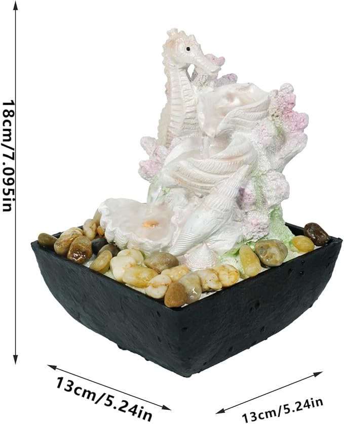 Ferrisland 3-Tier Tabletop Fountain Indoor, White Pink Resin Seahorse and Shell Water Fountain with LED Lights & Adjustable Pump & Rocks, 7" H Lightweight Mini Waterfall for Home and Office Decoration