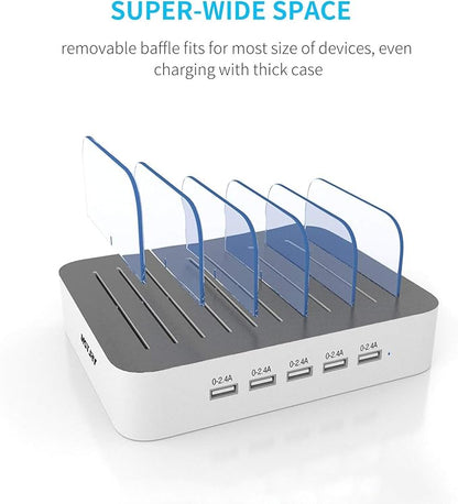 Charging Station for Multiple Devices, MSTJRY 5 Port Multi USB-A Charger Station with Power Switch Designed for iPhone iPad Cell Phone Tablets (White, 6 Mixed Short Cables Included)