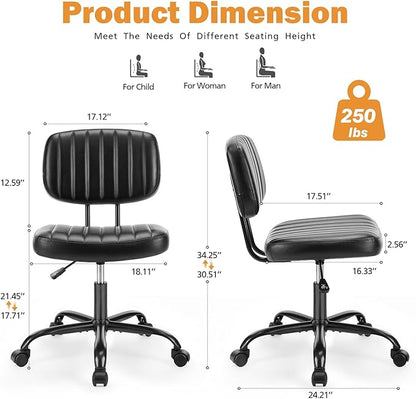 Sweetcrispy Small Office Desk Chair with Wheels Armless Comfy Computer Chair with Lumbar Support, PU Leather Low Back Adjustable Height 360° Rolling Swivel Task Chair Without Arm for Home, Bedroom