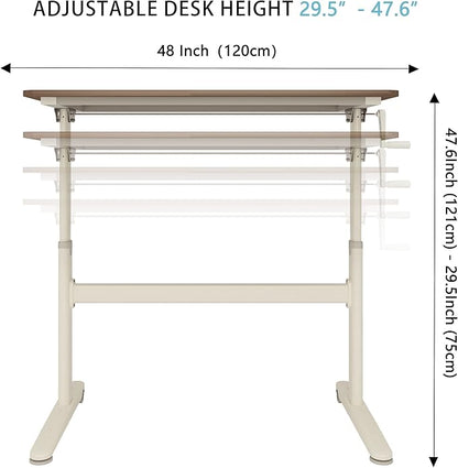 Manual Standing Desk Adjustable Height- Crank Mobile Standing Desk 48 x 24 Inches Sit Stand Desk Frame & Top, Stand Up Desk on Wheels, Computer Desk White Frame & White