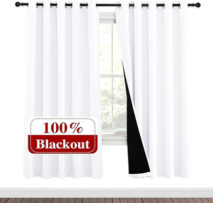 NICETOWN 100% Blackout Window Curtain Panels, Full Light Blocking Drapes with Black Liner for Nursery, 72-inch Drop Thermal Insulated Draperies (White, 2 Pieces, 62-inch Wide Per Panel)