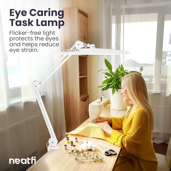 Neatfi XL 2,200 Lumens Adjustable LED Desk Lamp & Task Lamp - Bright, Dimmable Lighting for Office, Crafts, Nails & Hobbies with Clamp (Non-CCT, White)