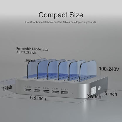 Charging Station for Multiple Devices,MSTJRY 5 Port Multi USB-A Charger Station with Power Switch Designed for iPhone iPad Cell Phone Tablets (Silver, 7 Mixed Short Cabels Included)