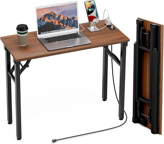 TEMI Small Computer Desk Folding Table - No Assembly, Compact 35.8" Foldable Desk with Power Outlets & USB Charging Port, Portable Small Office Desk, Ideal Mini Study Table for Small Spaces Walunt