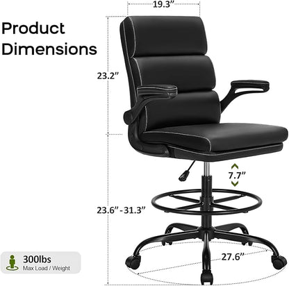 Drafting Chair Tall Office Chair with Padded Flip-up Armrests Executive Ergonomic Computer Standing Desk Chair with Comfortable Leather Backrest and Adjustable Footrest Ring (Black)