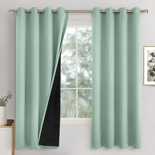 Frosty Green Blackout Curtains for Bedroom 63 Inch Length 2 Panels, Thermal Insulated 100% Light Blocking Soundproof Grommet Window Curtains for Living Room with Liner, Each 52 Inch Wide