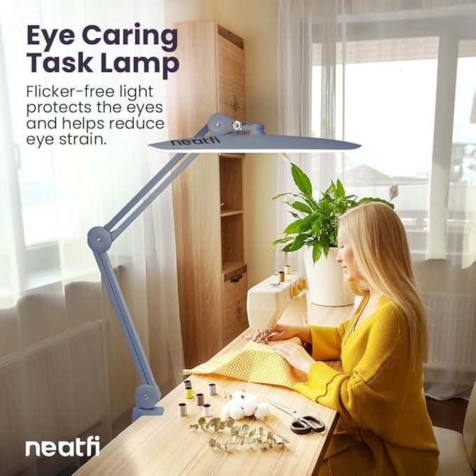 Neatfi XL 2,200 Lumens LED Desk Lamp with Clamp, 24 Watt Bright Architect Task Lamp, 20 Inches Dimmable Computer Light, Adjustable Desk Light for Home, Office, Crafts, Nails & Hobbies (Non-CCT, Gray)