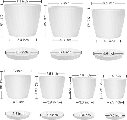 7 pcs Plant Pots with Drainage Holes and Saucers, Indoor Planters, Set of 7 (7.5, 7, 6.5, 6, 5.5, 4.5, 3.5 Inches), White